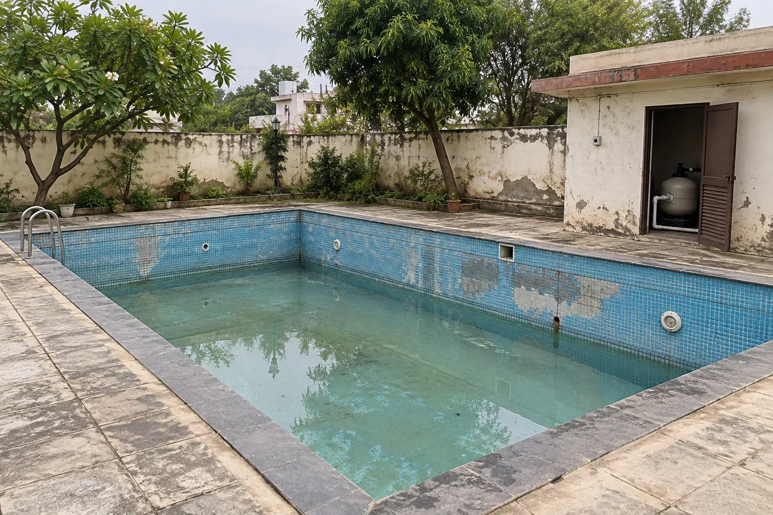 Ageing swimming pool with worn tiles and dated filtration equipment before renovation